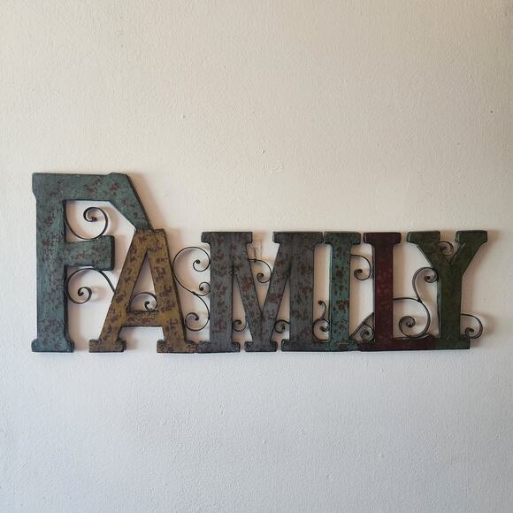 Metal Family Plaque Muted colors, scroll work 31x12 - Picture 1 of 3